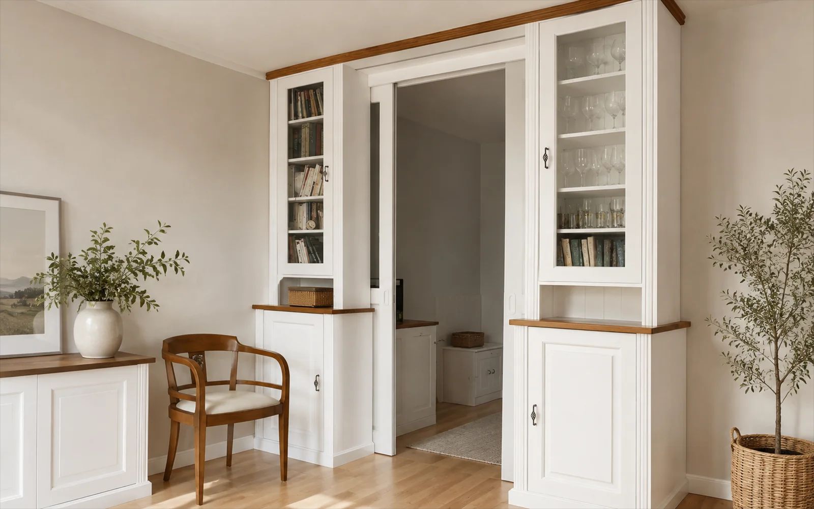 Bílá vestavěná knihovna z masivu s prosklenými vitrínami po stranách průchodu a dubovými deskami, realizace Ma Maison
